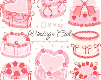 Vintage harttaart clipartset, retro valentijnstaart, coquette esthetische cake, bruidstaart, verjaardagstaart, taartliefhebber, vintage taartontwerp
