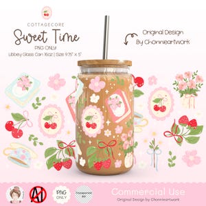 Cottagecore Book and Berry PNG Wrap for 16oz Libbey Glass Can, Floral Tea Cup Dessert Book Cherry Design, Cute Girly Sublimation, UV DTF