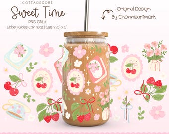 Cottagecore Book and Berry PNG Wrap for 16oz Libbey Glass Can, Floral Tea Cup Dessert Book Cherry Design, Cute Girly Sublimation, UV DTF