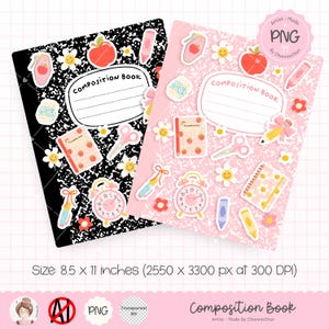Könnte beinhalten: Zwei Notizbücher, eines in Schwarz und eines in Rosa, verziert mit Aufklebern von Äpfeln, Gänseblümchen und Schulmaterial. Die Bücher sind 21,6 x 27,9 cm groß und tragen den Text "COMPOSITION BOOK".