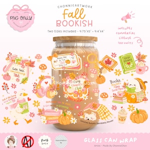May include: A digital glass can wrap design featuring fall-themed illustrations including pumpkins, books, mushrooms, and a ghost. Text includes 'Fall Bookish', 'Cozy Chapter Club', and 'Certified Autumn Homebody Reader'. Dimensions 9.75x5 inches and 9.4x4 inches.