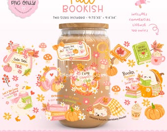 May include: A digital glass can wrap design featuring fall-themed illustrations including pumpkins, books, mushrooms, and a ghost. Text includes 'Fall Bookish', 'Cozy Chapter Club', and 'Certified Autumn Homebody Reader'. Dimensions 9.75x5 inches and 9.4x4 inches.
