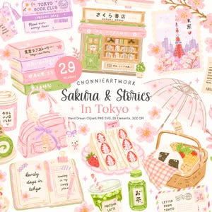 May include: A digital illustration set featuring 29 Sakura and Stories in Tokyo designs. Elements include a pink bookstore, Tokyo Tower, a stack of books, a pink handbag, a strawberry sandwich, a picnic basket, and a matcha latte with text.