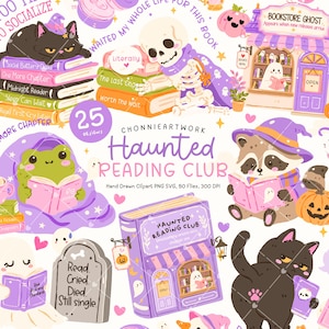 May include: A whimsical digital illustration featuring a 'Haunted Reading Club' theme. The design includes various spooky characters like a skeleton, black cats, and a raccoon, all reading books. The color palette is primarily purple, orange, and black.