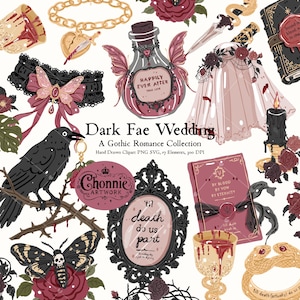以下が含まれることがあります： Dark Fae Weddingと題されたデジタルイラストコレクション。Happily Ever Afterと書かれたポーションボトル、黒いカラス、ドクロ模様の蛾、ウェディングベール、短剣、本、文字が記された鏡など、17種類のゴシック調の要素が含まれています。