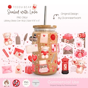 Teddybär Liebesbrief Verpackung PNG für 16 Unzen Libbey Glasdose niedlicher Teddybär Valentinstag Sublimation Romantische UV DTF Wrap Design Geschenkidee