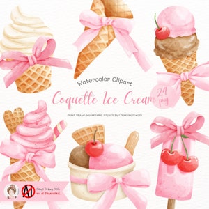 Aquarell Rosa Coquette Eiscreme Clipart, niedliches Coquette Clipart, Rosa Coquette Bogen PNG, trendiges Shirt-Design, Coquette Design, Sublimation