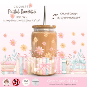 Coquette Pastel Book Wrap PNG for Libbey Glass Can, Cute Girly Bookshelf Sublimation, Floral UV DTF Wrap Design, Book Lover,Bookish Girly