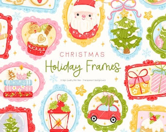 May include: A collection of colorful Christmas holiday frames with various festive illustrations. The frames feature images of Santa Claus, Christmas trees, gingerbread cookies, cupcakes, and gifts. The text "Christmas Holiday Frames" is displayed in green.