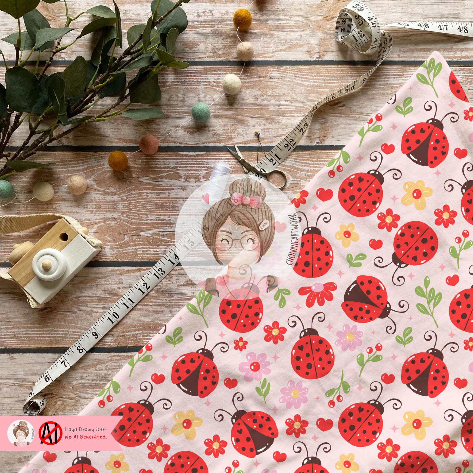 Floral Ladybug Seamless Pattern JPG PNG Cute Red Ladybug & Spring ...