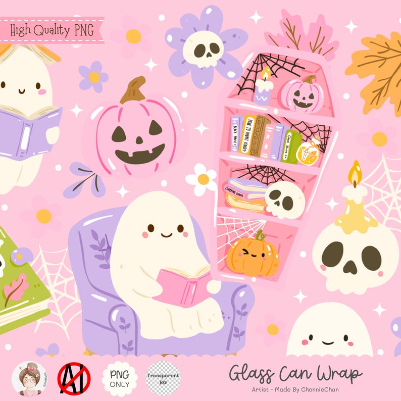 Halloween Bookish Ghost Library PNG Wrap, Cute Ghost Reading Glass Can ...