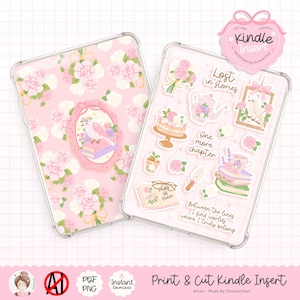 May include: Two clear Kindle inserts. One features a pink floral pattern with a bird illustration. The other has various stickers, including a cake, teapot, and text that reads "Lost in stories" and "One more chapter".