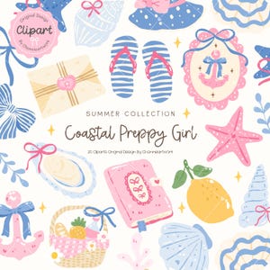 Conjunto de imágenes prediseñadas de chica preppy costera, elementos de playa de verano, coqueta chica de verano playa océano rosa azul lazo náutico, lindas imágenes prediseñadas de verano