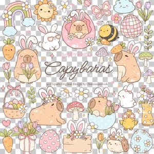 May include: A set of 90 Easter-themed clip art images featuring capybaras. The images include capybaras wearing bunny ears, holding flowers, and sitting in eggs. There are also images of butterflies, bees, mushrooms, and other Easter symbols.