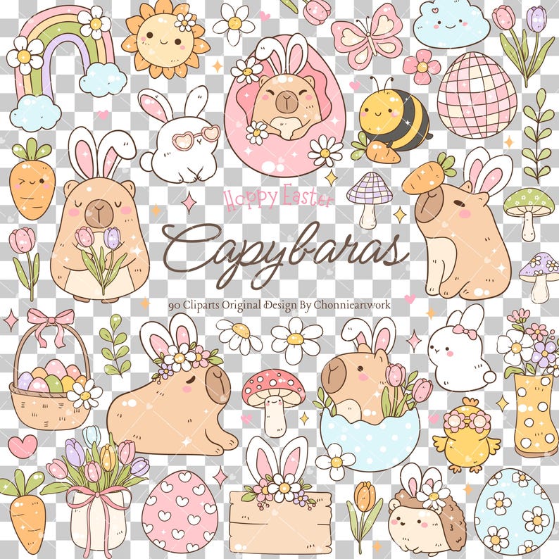 May include: A set of 90 Easter-themed clip art images featuring capybaras. The images include capybaras wearing bunny ears, holding flowers, and sitting in eggs. There are also images of butterflies, bees, mushrooms, and other Easter symbols.