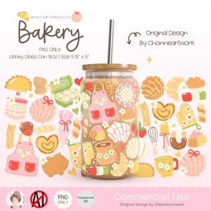 Puede incluir: Una ilustración digital de un frasco de vidrio con tapa de madera, lleno de imágenes de dibujos animados de colores de pasteles mexicanos, incluyendo conchas, pan dulce y otros panes dulces. El frasco mide 9,75 pulgadas de alto y 5 pulgadas de ancho. El texto "Bakery" está escrito en una fuente caprichosa en la parte superior de la imagen.