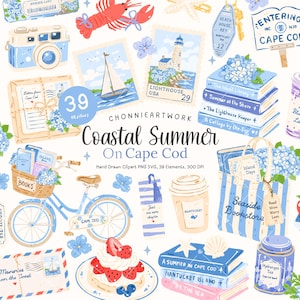 Clipart été côtier, sublimation de Cape Cod, téléchargement numérique de maison de plage, phare PNG, graphiques d'étagère de bord de mer, côte de Nantucket