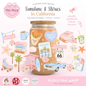 Puede incluir: Un diseño digital para envolver vasos titulado Sunshine & Stories In California, que presenta ilustraciones de una torre de salvavidas rosa, un descapotable azul, palmeras, patines, libros y pegatinas con temática de California y texto como US 66.