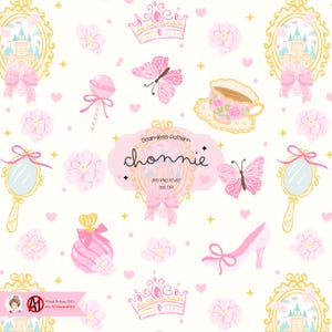 Princess Fairytale Seamless Pattern, Princess Castle Seamless, Pink Castle Tea Party , Coquette Girly, Cute Background Digital Paper