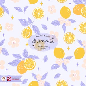May include: A seamless pattern featuring lemons, flowers, and stars on a light purple background. The lemons are yellow and have a stylised, hand-drawn look. The flowers are pink and white with a simple design. The stars are gold and sparkle.