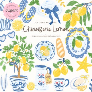 Puede incluir: Ilustraciones de clipart con el tema Chinoiserie Lemon. La imagen incluye un limonero, limones, una jarra, tazas, un plato, una baguette, un sombrero y otros elementos con temática veraniega. Se muestra el texto "Chinoiserie Lemon".