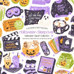 May include: A digital collection of 30 Halloween-themed illustrations featuring a black sweater with text Spooky Sleepover Club, a pillow with text Just One More Scary Movie, a mug with ghosts, a movie ticket, a clapperboard, and a pumpkin bowl.