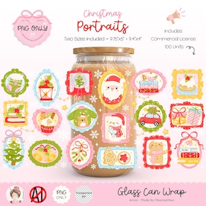May include: A glass can wrap featuring colorful Christmas portraits. The design includes various festive illustrations such as Santa Claus, snowmen, Christmas trees, and gingerbread men. The text "Christmas Portraits" is displayed above the illustrations.