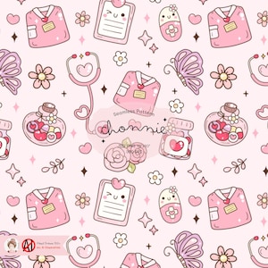 May include: A seamless pattern featuring a pink background with various cute illustrations, including a stethoscope, a pill bottle, a jar of hearts, a butterfly, a flower, and a nurse's uniform. The text "Seamless Pattern" and "chomie" are also included in the design.