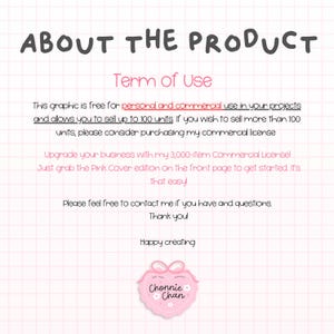 May include: A digital information sheet titled ABOUT THE PRODUCT with Term of Use text regarding personal and commercial usage, unit limits, and licensing options, featuring a pink heart-shaped logo with the text Chonnie Chan at the bottom.