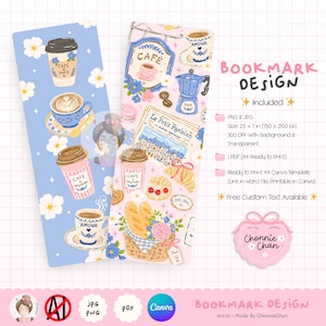 May include: Two illustrated bookmarks with a cafe theme. One is light blue with coffee cups and floral accents. The other is pink, featuring a coffee pot, pastries, and the text "Le Petit Parisien". The design includes the text "Bookmark Design".