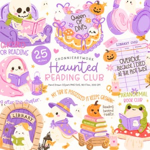 Puede incluir: Ilustraci&oacute;n caprichosa con tem&aacute;tica de Halloween, con fantasmas, calabazas y un esqueleto leyendo. La imagen incluye el texto "Haunted Reading Club" y un pastel. La paleta de colores es principalmente p&uacute;rpura, rosa y naranja.