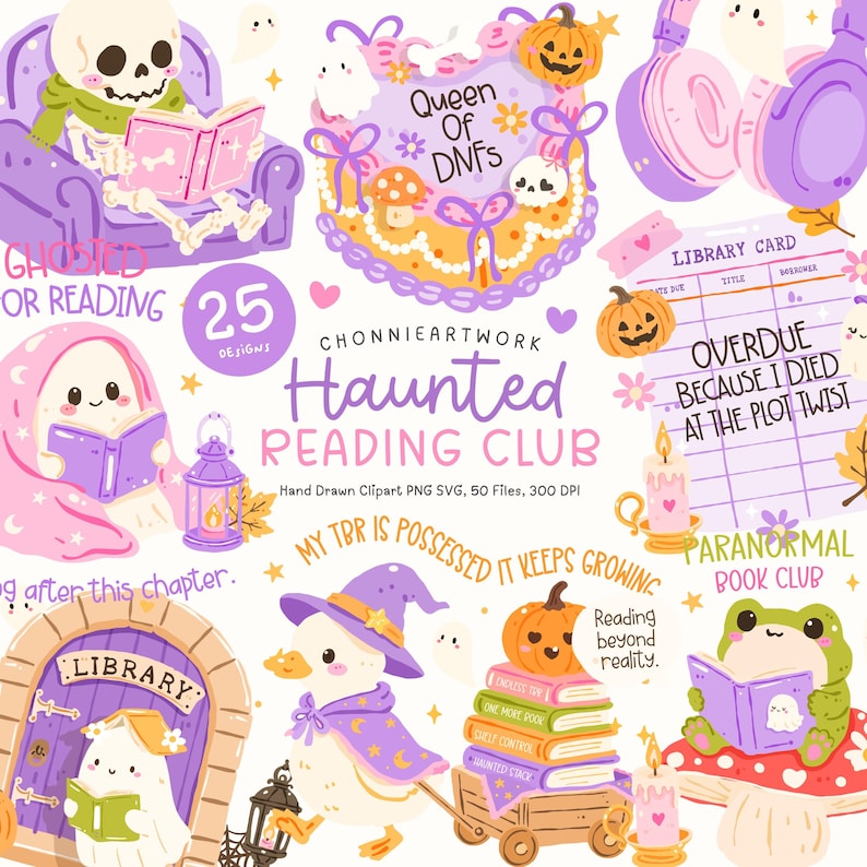 Puede incluir: Ilustraci&oacute;n caprichosa con tem&aacute;tica de Halloween, con fantasmas, calabazas y un esqueleto leyendo. La imagen incluye el texto "Haunted Reading Club" y un pastel. La paleta de colores es principalmente p&uacute;rpura, rosa y naranja.