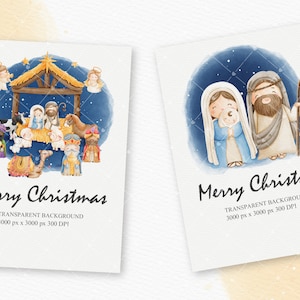 Puede incluir: Dos ilustraciones de acuarela de la escena de la Natividad. La primera imagen muestra a Mar&iacute;a, Jos&eacute; y el ni&ntilde;o Jes&uacute;s en un pesebre con animales y &aacute;ngeles. La segunda imagen muestra a Mar&iacute;a y Jos&eacute; sosteniendo al ni&ntilde;o Jes&uacute;s. Ambas im&aacute;genes tienen un fondo azul con estrellas y el texto "Feliz Navidad".