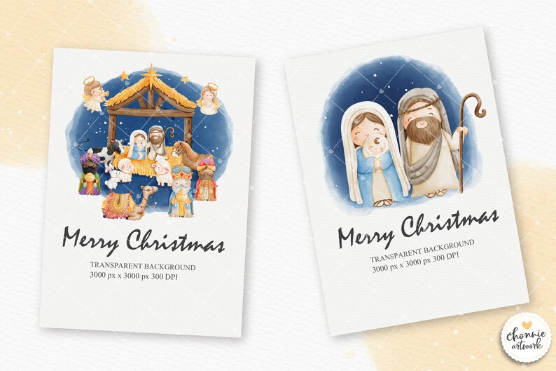 Puede incluir: Dos ilustraciones de acuarela de la escena de la Natividad. La primera imagen muestra a Mar&iacute;a, Jos&eacute; y el ni&ntilde;o Jes&uacute;s en un pesebre con animales y &aacute;ngeles. La segunda imagen muestra a Mar&iacute;a y Jos&eacute; sosteniendo al ni&ntilde;o Jes&uacute;s. Ambas im&aacute;genes tienen un fondo azul con estrellas y el texto "Feliz Navidad".