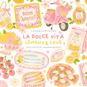 May include: A digital illustration with a La Dolce Vita theme, featuring a pink scooter, lemons, pizza, pasta, sardines, and the text "Buon Appetito". The artwork includes a pink and yellow color scheme with floral accents.