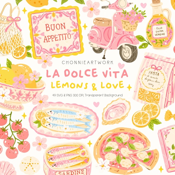 La Dolce Vita Clipart, Italian Summer Illustrations, Seafood, Lemons (49 SVG & PNG), Digital Download