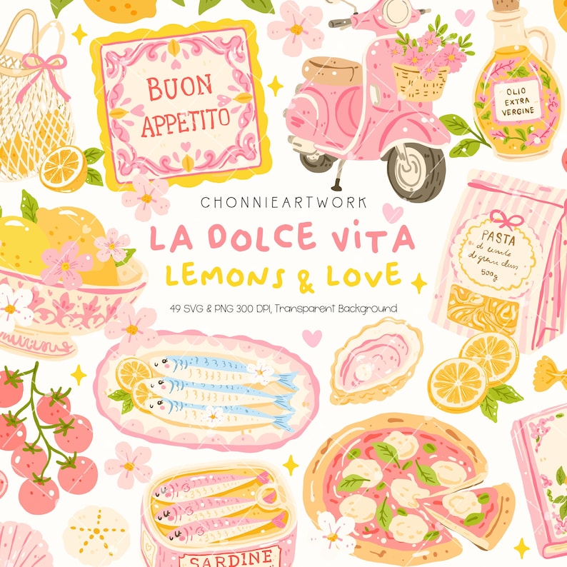 May include: A digital illustration with a La Dolce Vita theme, featuring a pink scooter, lemons, pizza, pasta, sardines, and the text "Buon Appetito". The artwork includes a pink and yellow color scheme with floral accents.