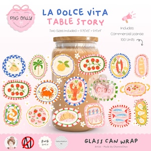 May include: A glass can wrap design with the text "LA DOLCE VITA TABLE STORY". The design includes various food illustrations, such as a crab, lobster, and fish, along with the text "Ciao". The sizes included are 24.77cm x 12.7cm and 23.88cm x 10.16cm.