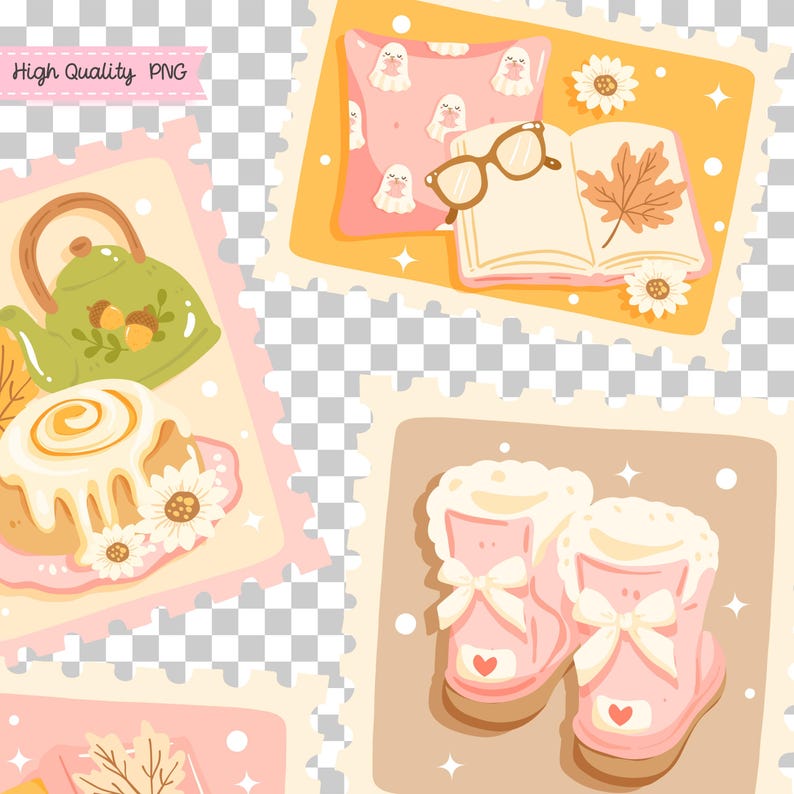 May include: A collection of illustrated stamps featuring autumn-themed items. Includes a green teapot with acorns, a cinnamon roll, a book with a maple leaf, glasses, a pink pillow with ghost illustrations, and pink boots with bows and hearts.