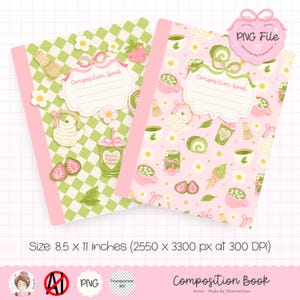 Puede incluir: Dos cuadernos de composición con lomos rosas. Uno tiene un patrón de cuadros verdes con ilustraciones de matcha y fresas. El otro tiene un fondo rosa con diseños de matcha y florales. Cada libro tiene una etiqueta que dice "Composition Book".