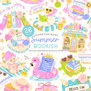 以下が含まれることがあります： 夏の読書をテーマにした、気まぐれなデジタルイラスト。サングラスをかけたアヒル、フラミンゴフロート、本、そして「Summer Bookish」の文字が特徴です。花柄と貝殻のアクセントが含まれています。
