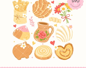May include: A collection of illustrated baked goods and a floral bouquet. The image includes churros, conchas, a ceramic pitcher with a rose, and other pastries. The design includes hearts and flowers, with the text "Original Design SVG by Chonnieartwork".