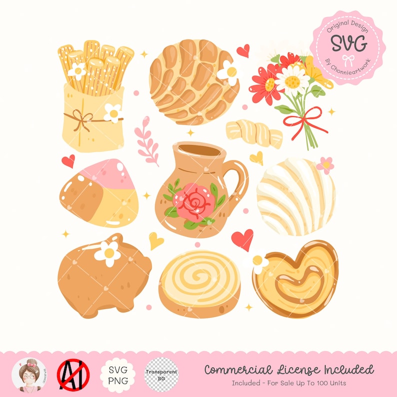 May include: A collection of illustrated baked goods and a floral bouquet. The image includes churros, conchas, a ceramic pitcher with a rose, and other pastries. The design includes hearts and flowers, with the text "Original Design SVG by Chonnieartwork".