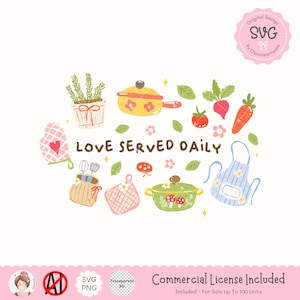 Puede incluir: Una ilustración digital colorida de artículos de cocina, que incluyen ollas, un paño de cocina, un batidor, una planta en maceta, una zanahoria, un rábano, un tomate y un delantal. El texto "LOVE SERVED DAILY" está en el centro de la imagen.