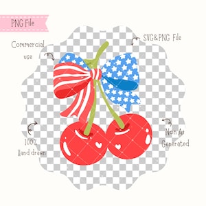 K&ouml;nnte beinhalten: Digitale Illustration von zwei roten Kirschen mit gr&uuml;nem Stiel und patriotischer Schleife. Die Schleife hat rot-wei&szlig;e Streifen und blaue Sterne. Text beinhaltet "PNG File", "Commercial use", "SVG & PNG File", "100% Hand drawn" und "Non AI Generated".