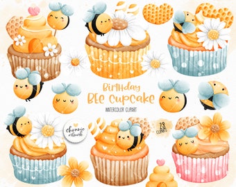 Birthday bee cupcake, honeybee clipart, bee clipart, birthday bee clipart, bee cupcake clipart