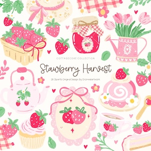 Strawberry Harvest Clipart, Cottagecore Strawberry Dessert Tea Jam Design, Pink Vintage Garden Picnic Clipart, Kawaii Summer Fruit PNG SVG
