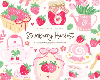 Strawberry Harvest Clipart, Cottagecore Strawberry Dessert Tea Jam Design, Pink Vintage Garden Picnic Clipart, Kawaii Summer Fruit PNG SVG
