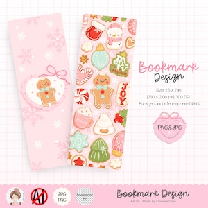 Op de afbeelding: Twee roze bladwijzers met een kerstthema. Eén heeft een peperkoekmannetje in een hartvormige lijst met sneeuwvlokken. De andere heeft verschillende peperkoekontwerpen, waaronder een sneeuwpop, een boom en het woord "JOY". De tekst "Bookmark Design" is ook zichtbaar.