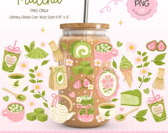 Matcha Girly Glass Can Wrap PNG, Kawaii Matcha Cup Wrap, Matcha Lovers Gift, Cute Pastel Cafe Aesthetic, Matcha Latte Girly Wrap, Digital